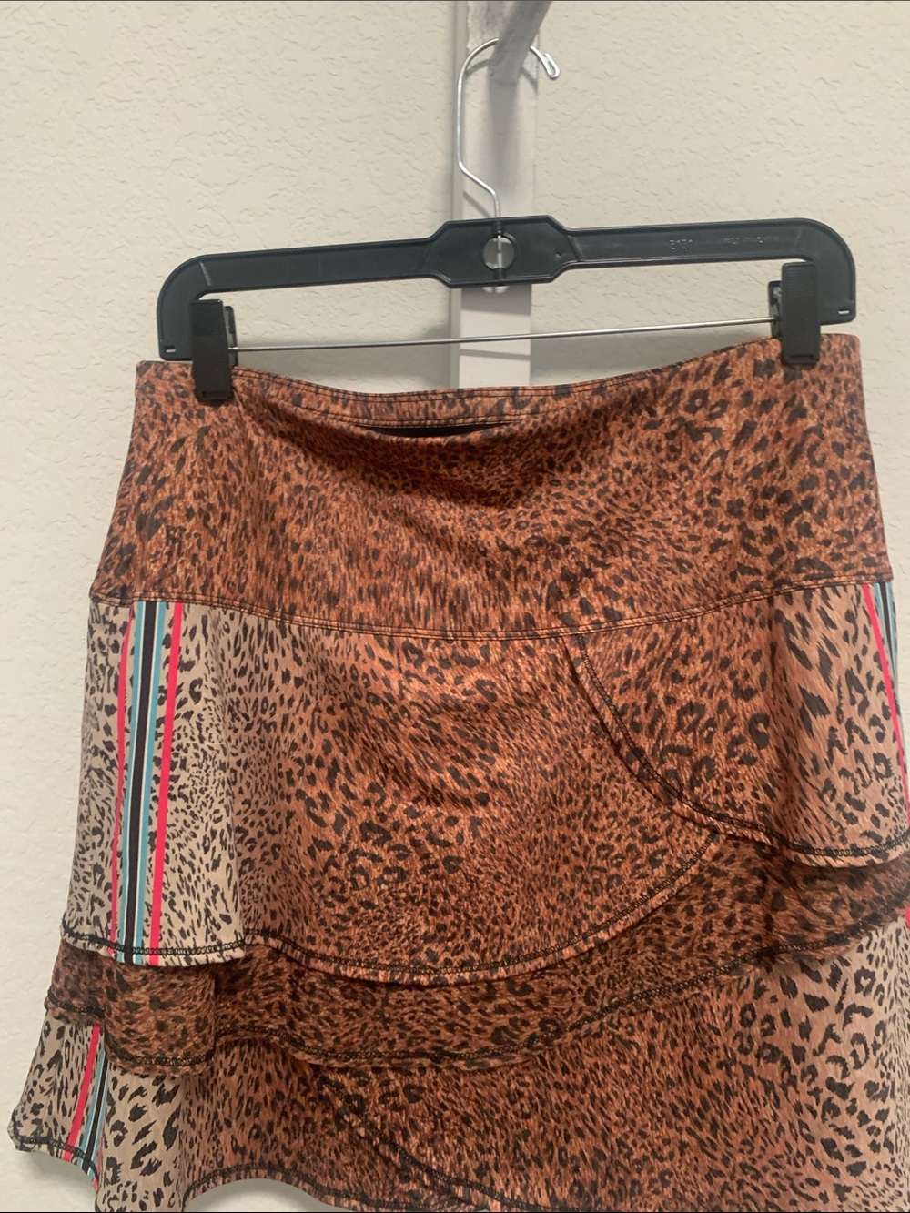 Lucky in Love Leopard Print Layered Mini Skirt with Pink and Teal Stripes - Picture 3 of 9